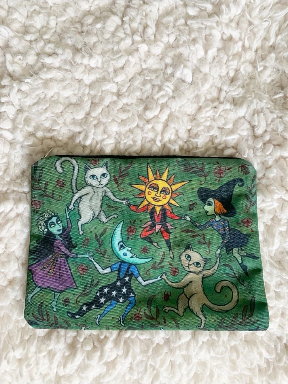 Spooky Celestial Whimsical Cat & Witch Travel Makeup Bag